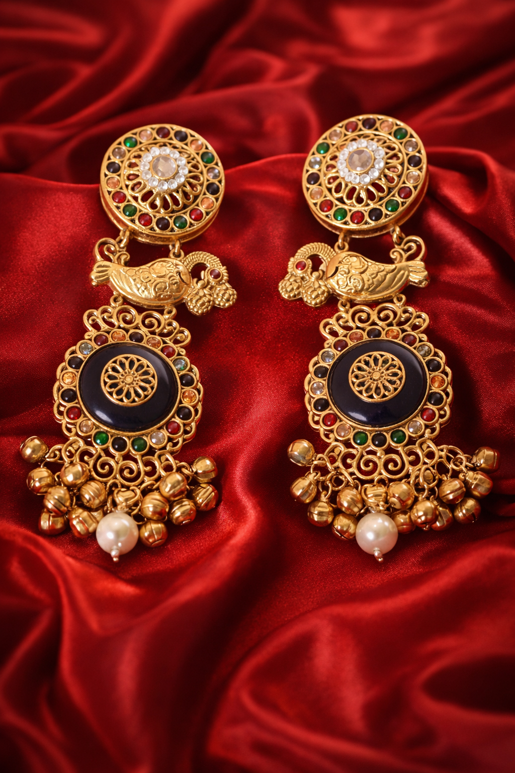 Zevar Club 14K Statement Antique Peacock Motif Navratan Kashmiri Earrings
