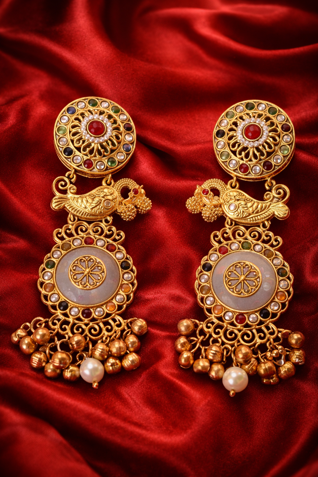 Zevar Club 14K Statement Antique Peacock Motif Navratan Kashmiri Earrings
