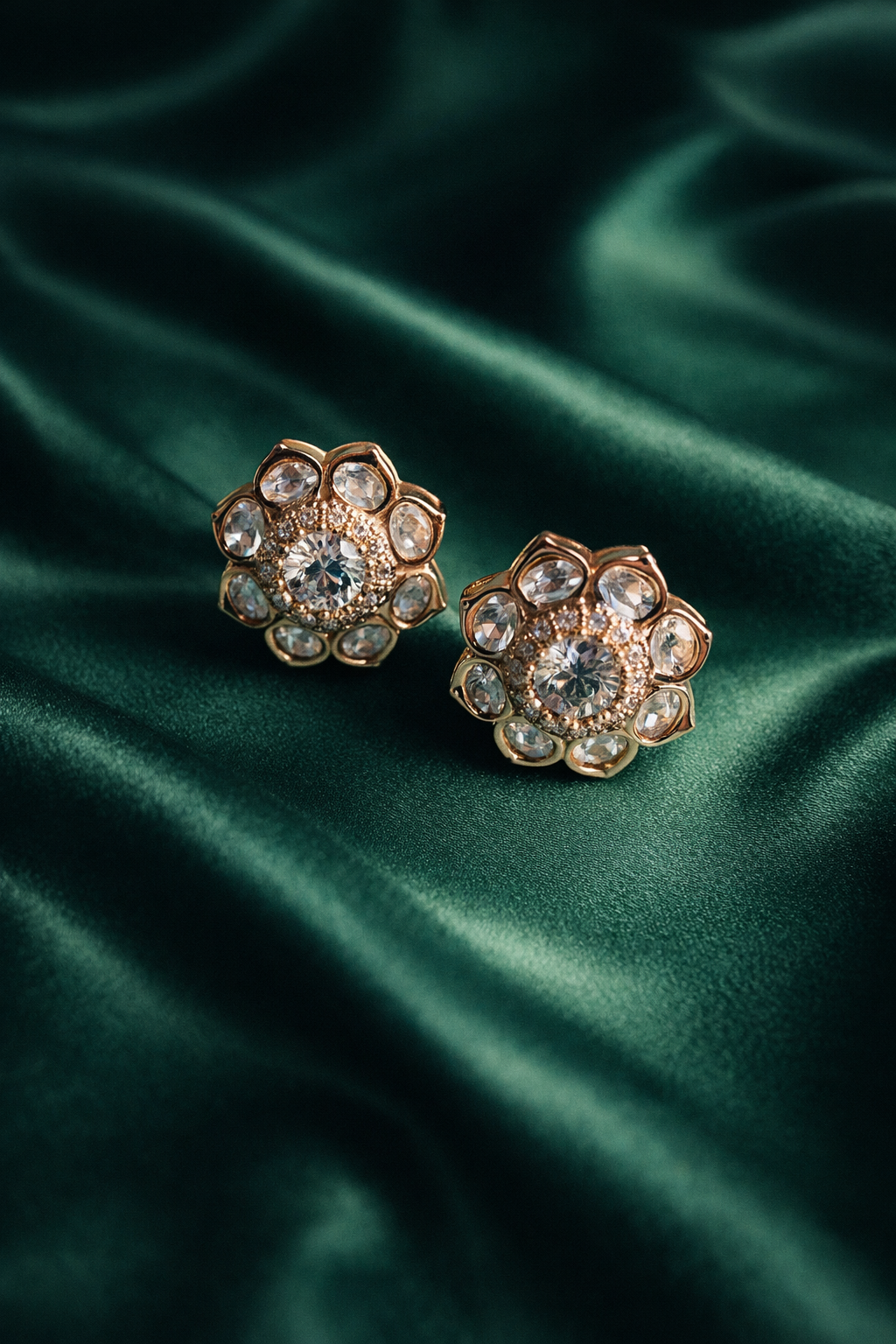 Zevar Club 14K Gold Plated Refined Emerald Floral Stud Earrings