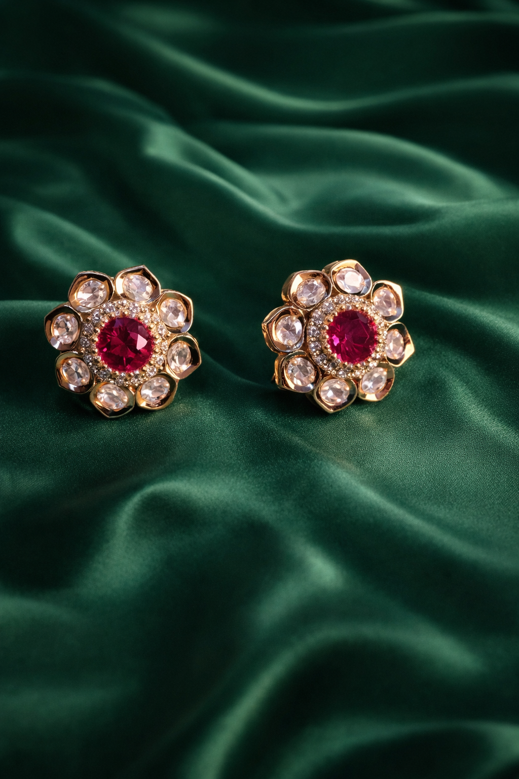 Zevar Club 14K Gold Plated Refined Ruby Floral Stud Earrings