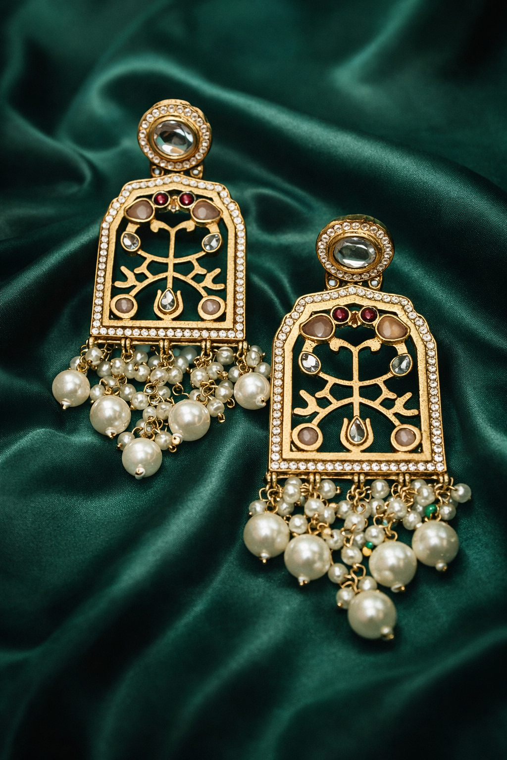 Festive Maroon Kundan Pearl Dangler Earrings