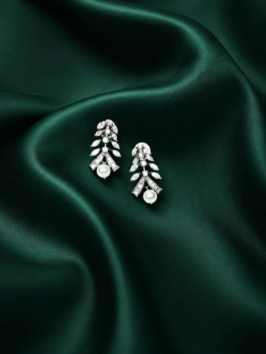 Zevar Club Rhodium-Plated Handcrafted Cubic Zirconia & Pearl Drop Earrings with Leaf Design