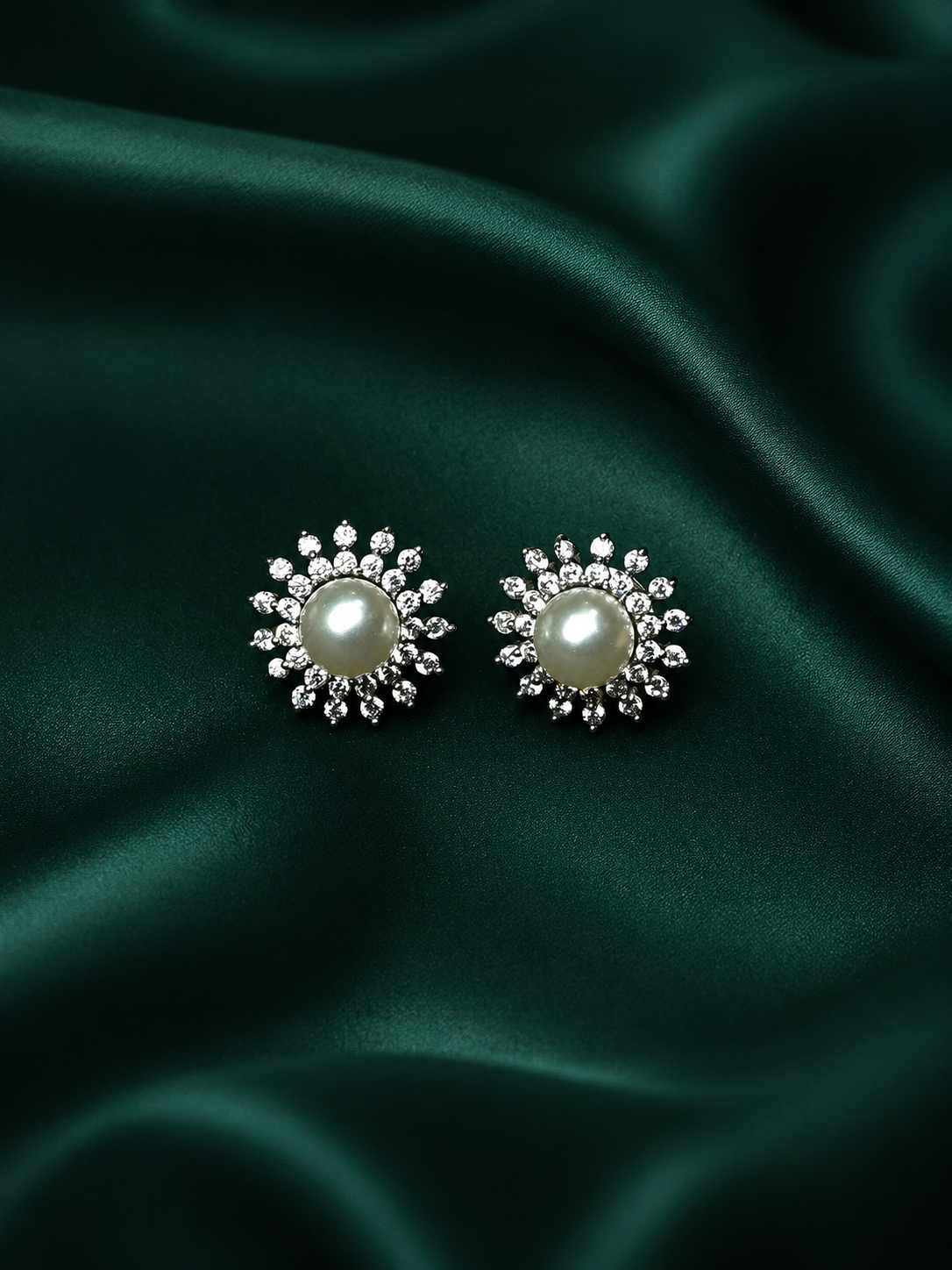 Zevar Club Rhodium-Plated White Pearl & Cubic Zirconia Floral Stud Earrings in Gold Tone