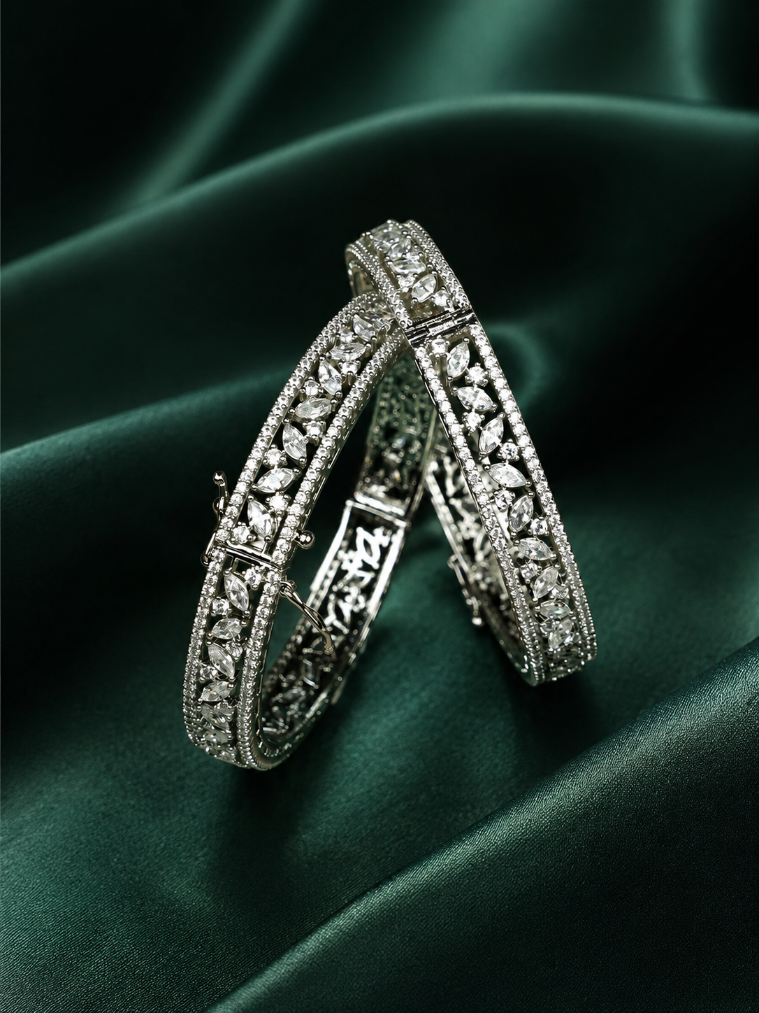 Zevar Club Set of 2 Rhodium-Plated Handcrafted AAA Cubic Zirconia Vine Motif Studded Premium Screw Adjustable Bangles