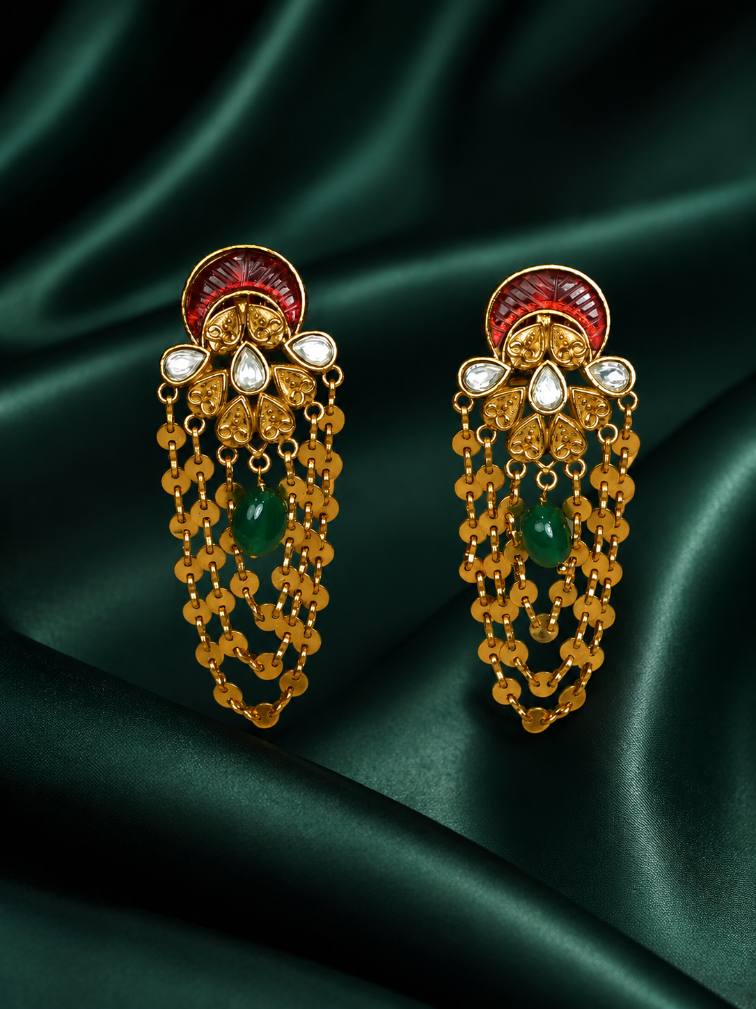 Zevar Club 22K Gold-Plated Handcrafted Off-White Enamelled Kundan Earrings with Pearl & Multi-Layered Gold-Toned Chains