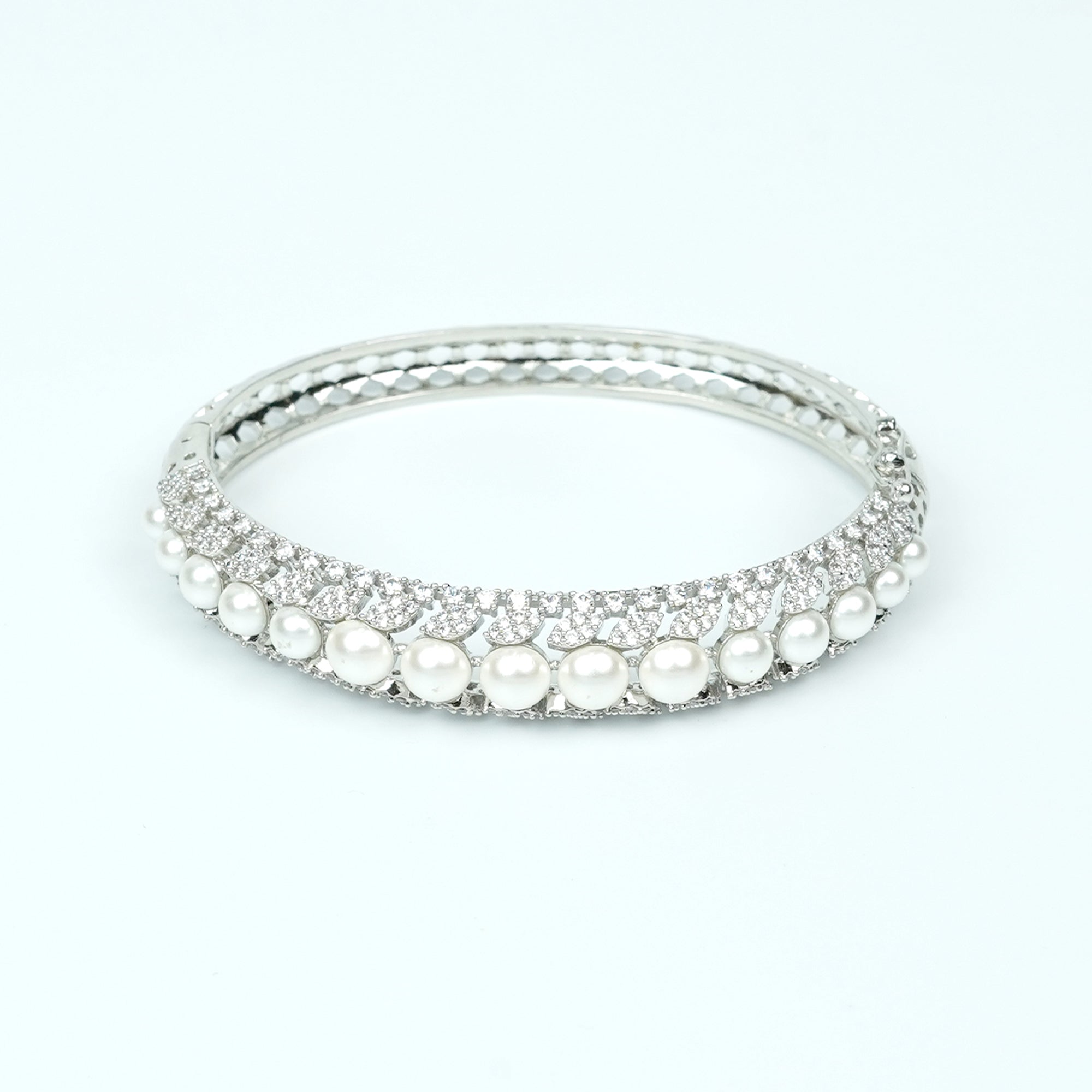 Zevar Club 22K Rhodium-Plated Handcrafted Pearl Embedded Design AAA Cubic Zirconia Studded Openable Bracelet