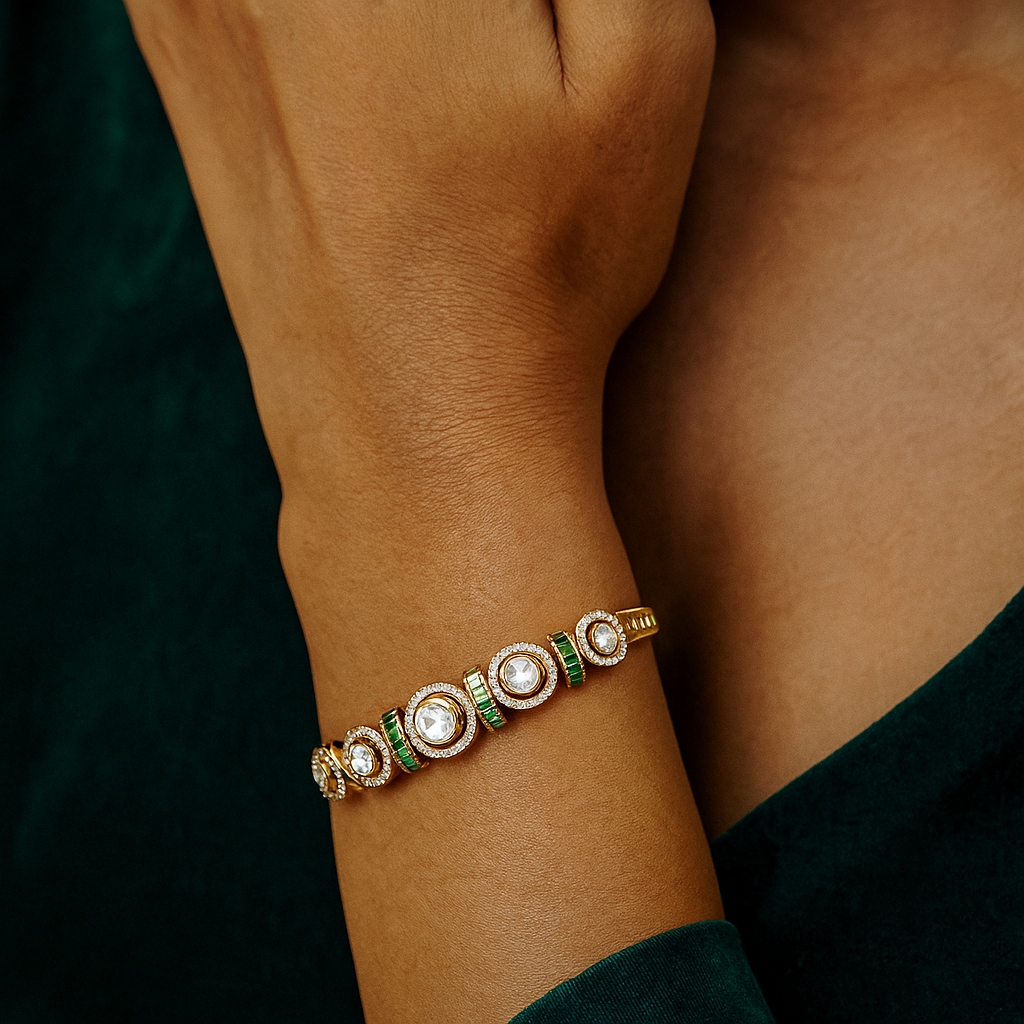 Zevar Club Gold-Toned White Kundan & Cubic Zirconia Studded Emerald Green Luxury Statement Bracelet