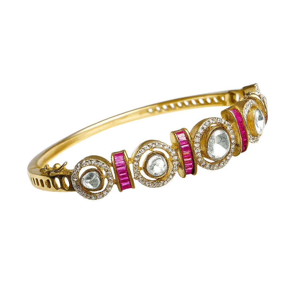 Zevar Club Gold-Toned White Kundan & Cubic Zirconia Studded Emerald Green Luxury Statement Bracelet