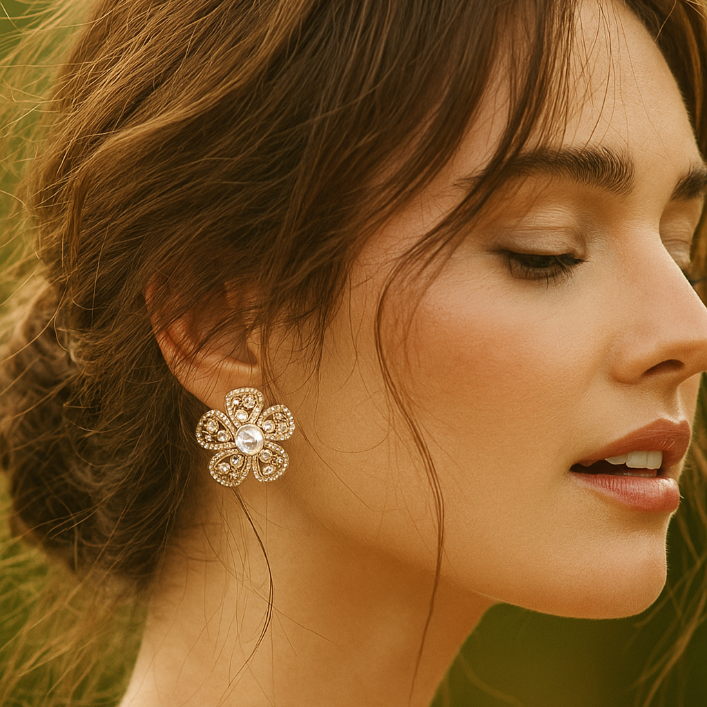 Zevar Club 12K Gold-Plated Flower Shaped Kundan Diamond Studs