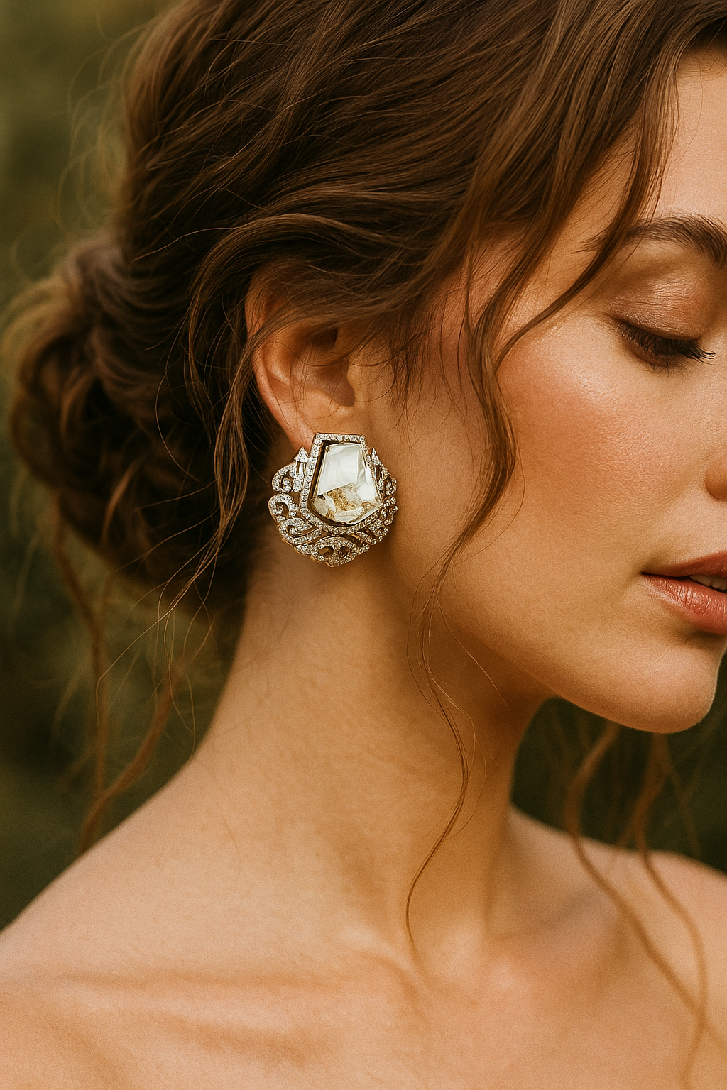 Zevar Club Rhodium-Plated Marble-Effect White Gemstone & AAA Cubic Zirconia Statement Stud Earrings