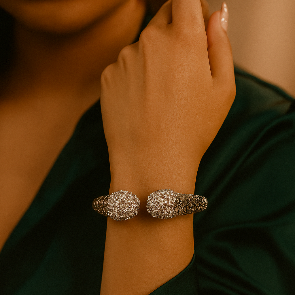 Zevar Club 22K Rhodium-Plated AAA Cubic Zirconia Studded Handcrafted Demi-Fine Textured Crown Bracelet