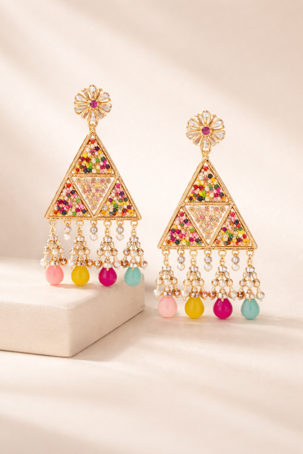 Festive Multicolour Beaded Handcrafted Chandelier Earrings
