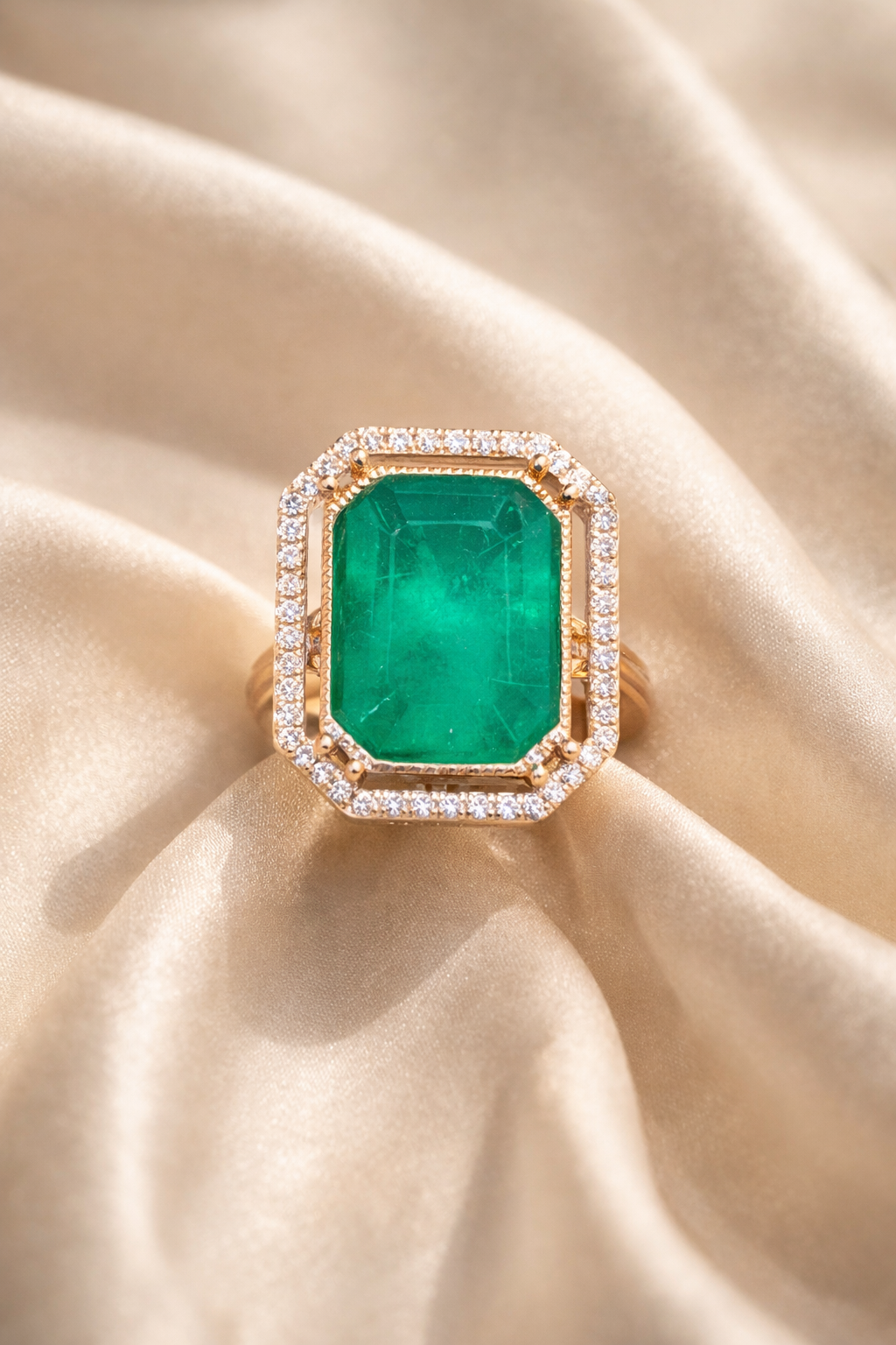 Zevar Club Adjustable Gold Plated Emerald Diamond Statement Ring