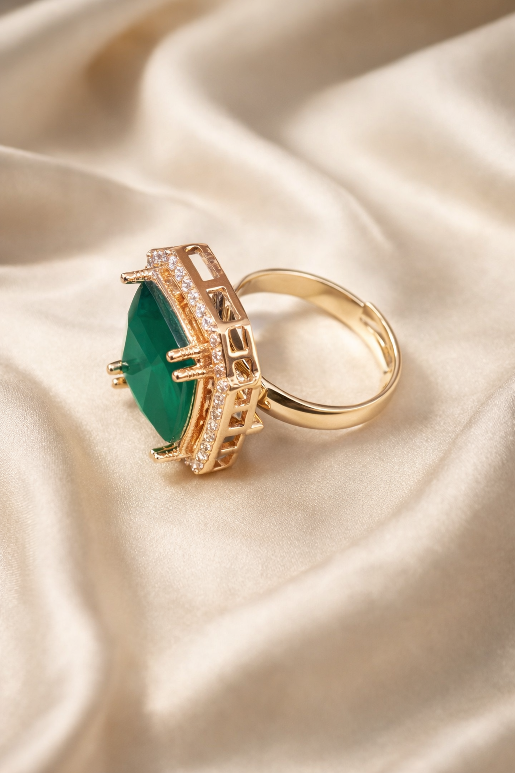 Zevar Club Adjustable Gold Plated Emerald Diamond Statement Ring