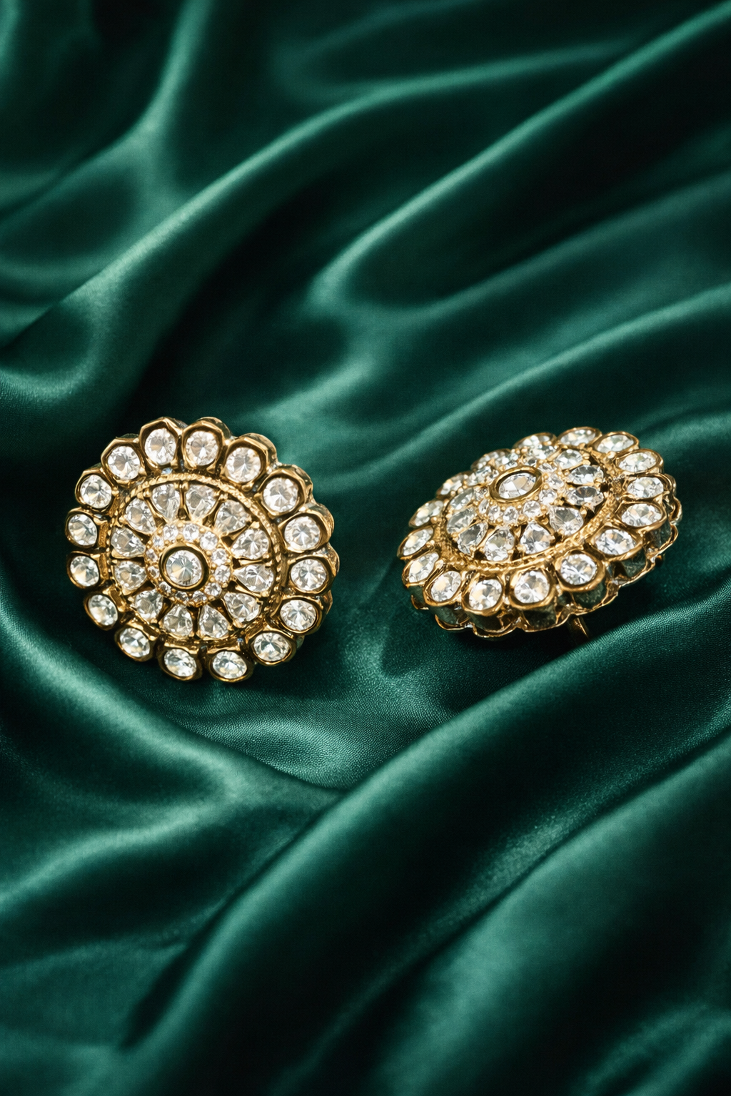 Zevar Club Flower Shaped Emerald Green Gold Plated Statement Stud Earring