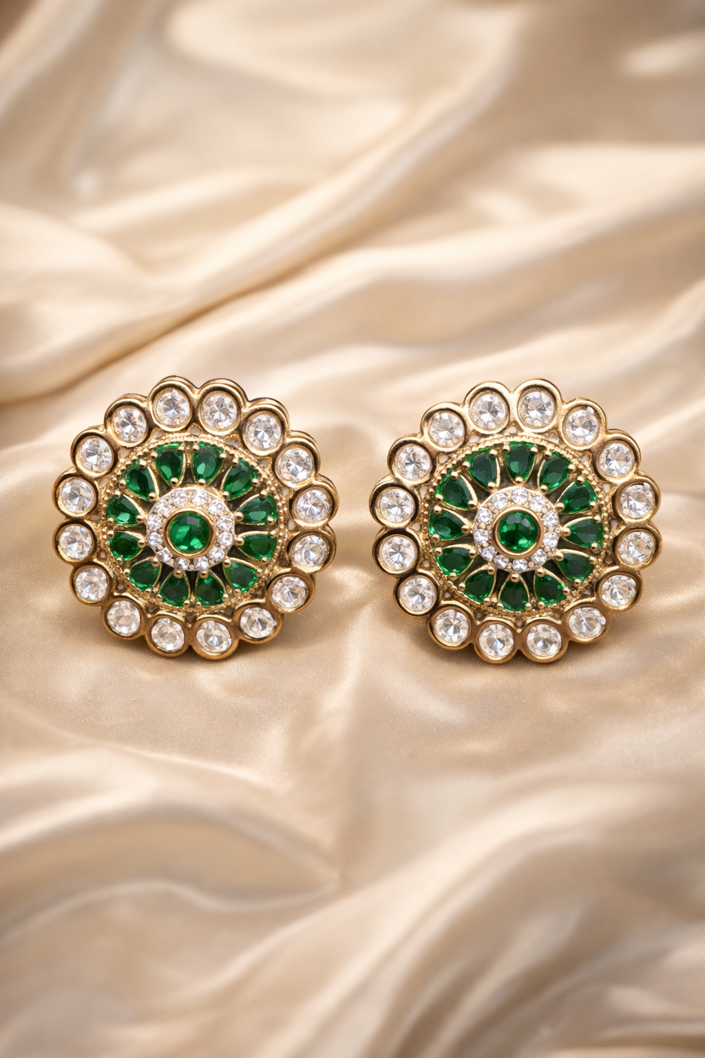 Zevar Club Flower Shaped Emerald Green Gold Plated Statement Stud Earring