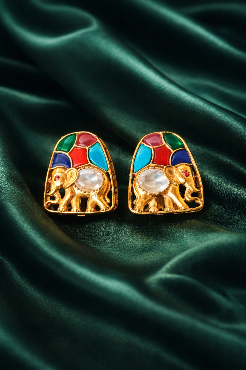 Zevar Club Multicolour Elephant Motif Gold Plated Navratan Statement Stud