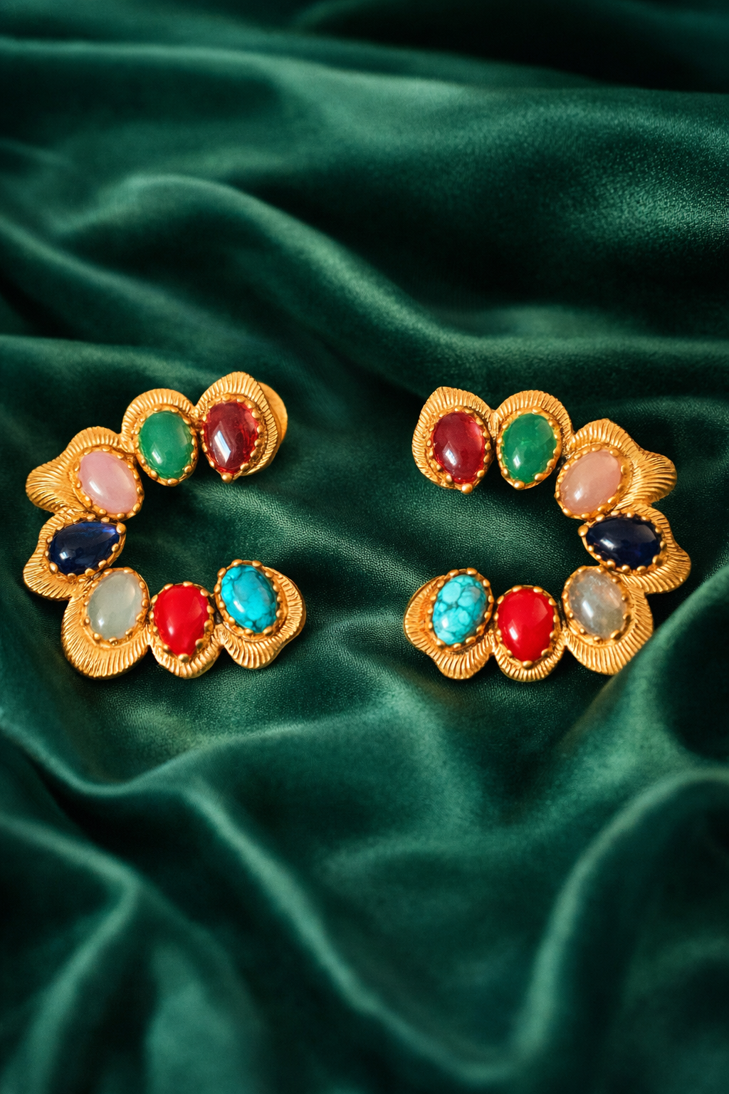Zevar Club C Shaped Navratan Multicolour Gold Plated Statement Stud