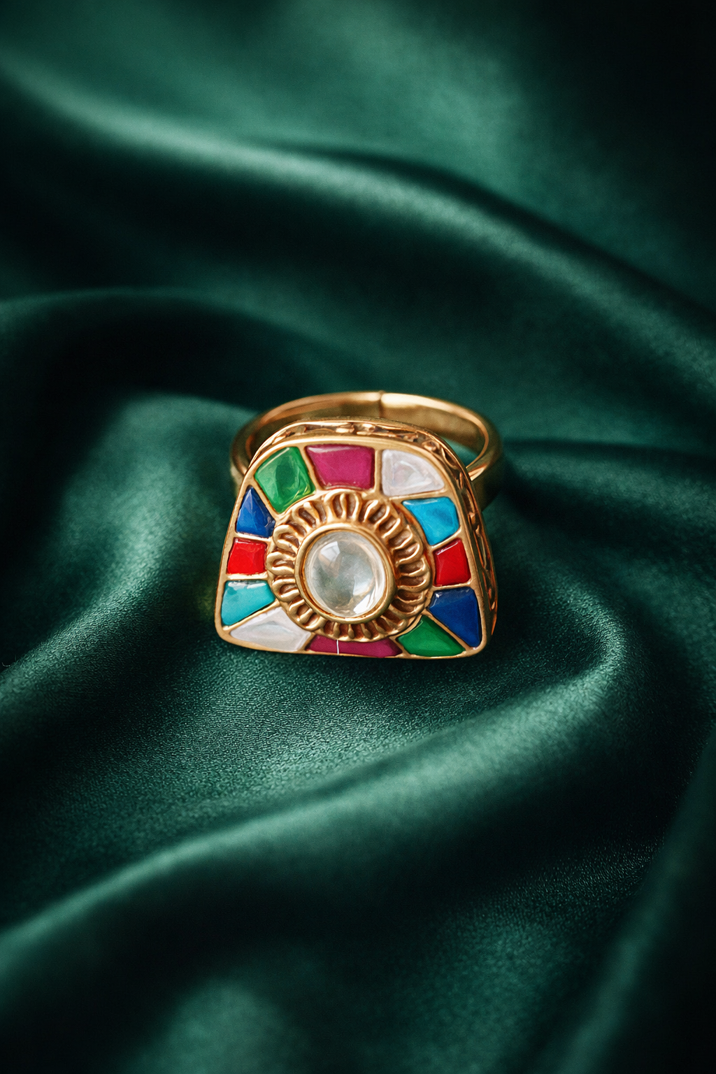 Zevar Club Multicolour Adjustable Gold Plated Statement Navratan Ring for Women