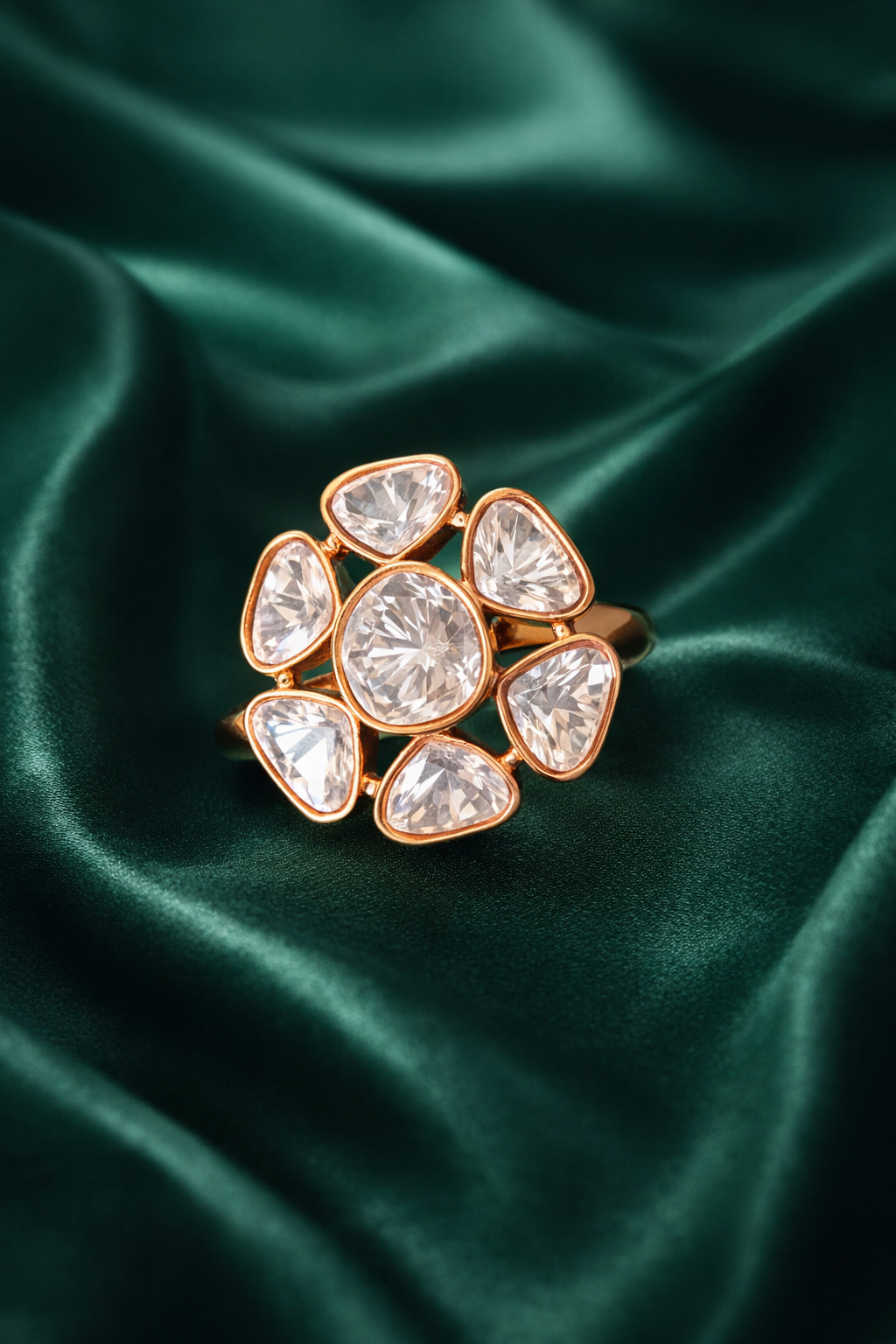 Zevar Club Festive Gold Plated Adjustable Moissonite Statement Designer Ring for Women