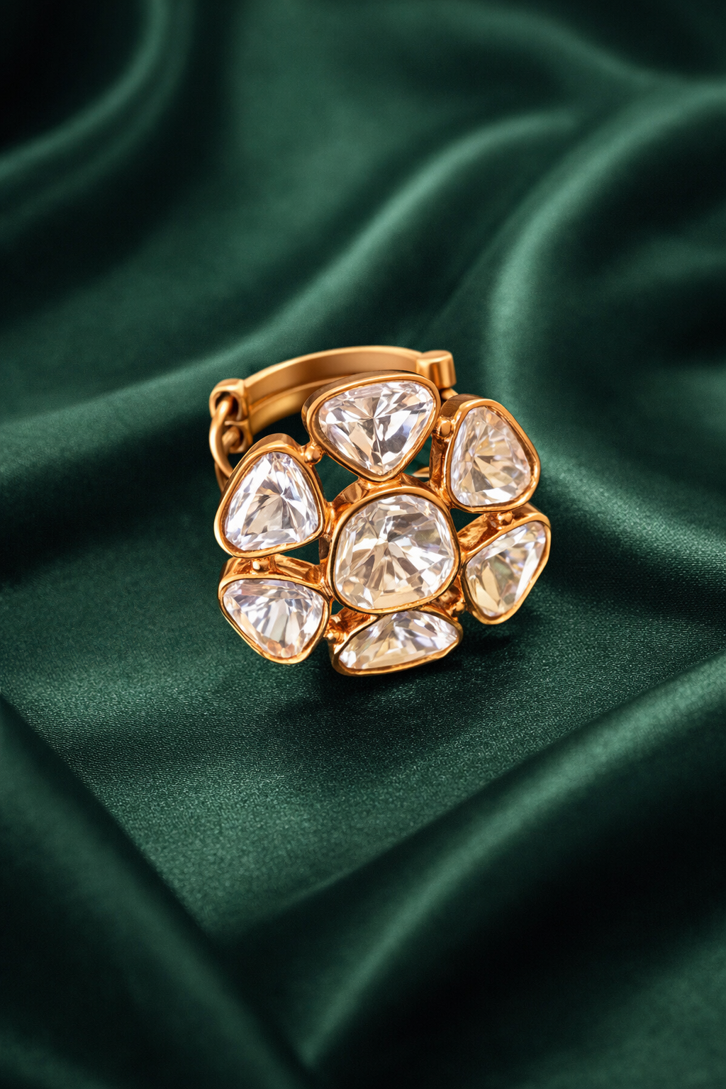 Zevar Club Festive Gold Plated Adjustable Moissonite Statement Designer Ring for Women