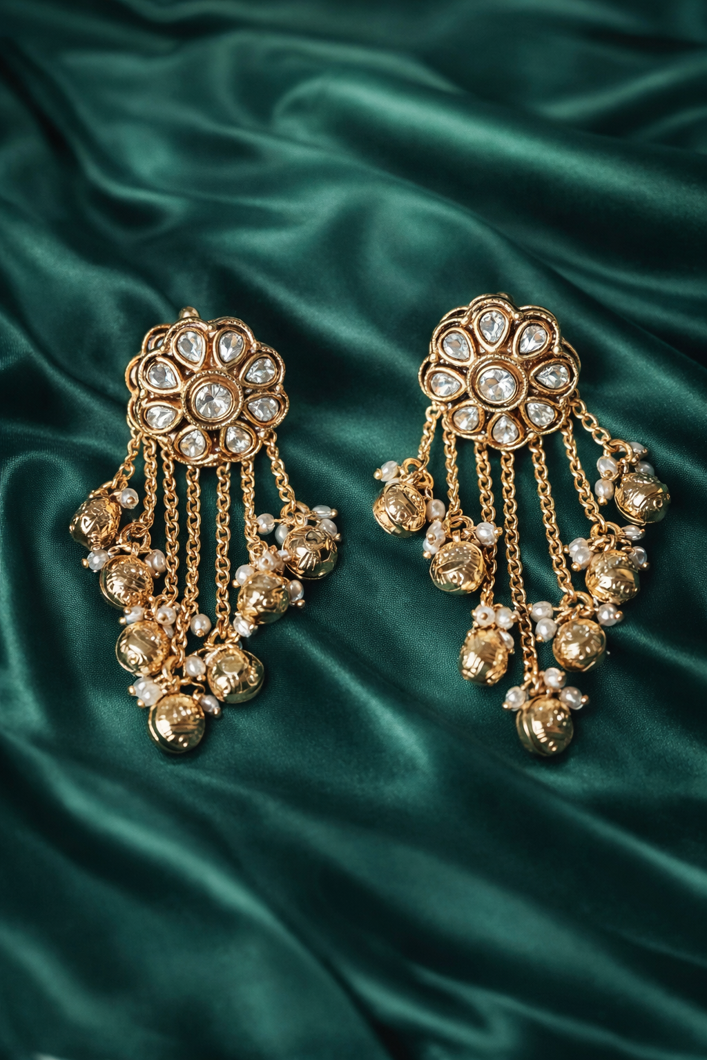 Zevar Club Emerald Green Gold Plated Ethnic Statement Drop Ghunghroo Earrings