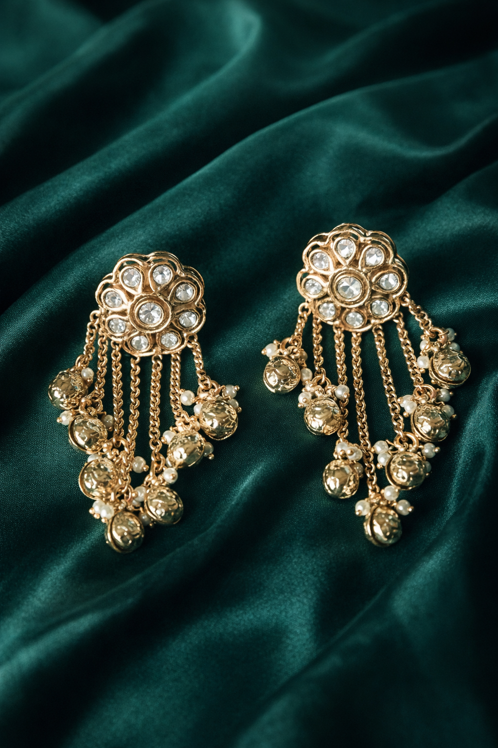 Zevar Club Pearl White Gold Plated Ethnic Statement Drop Ghungroo Earrings