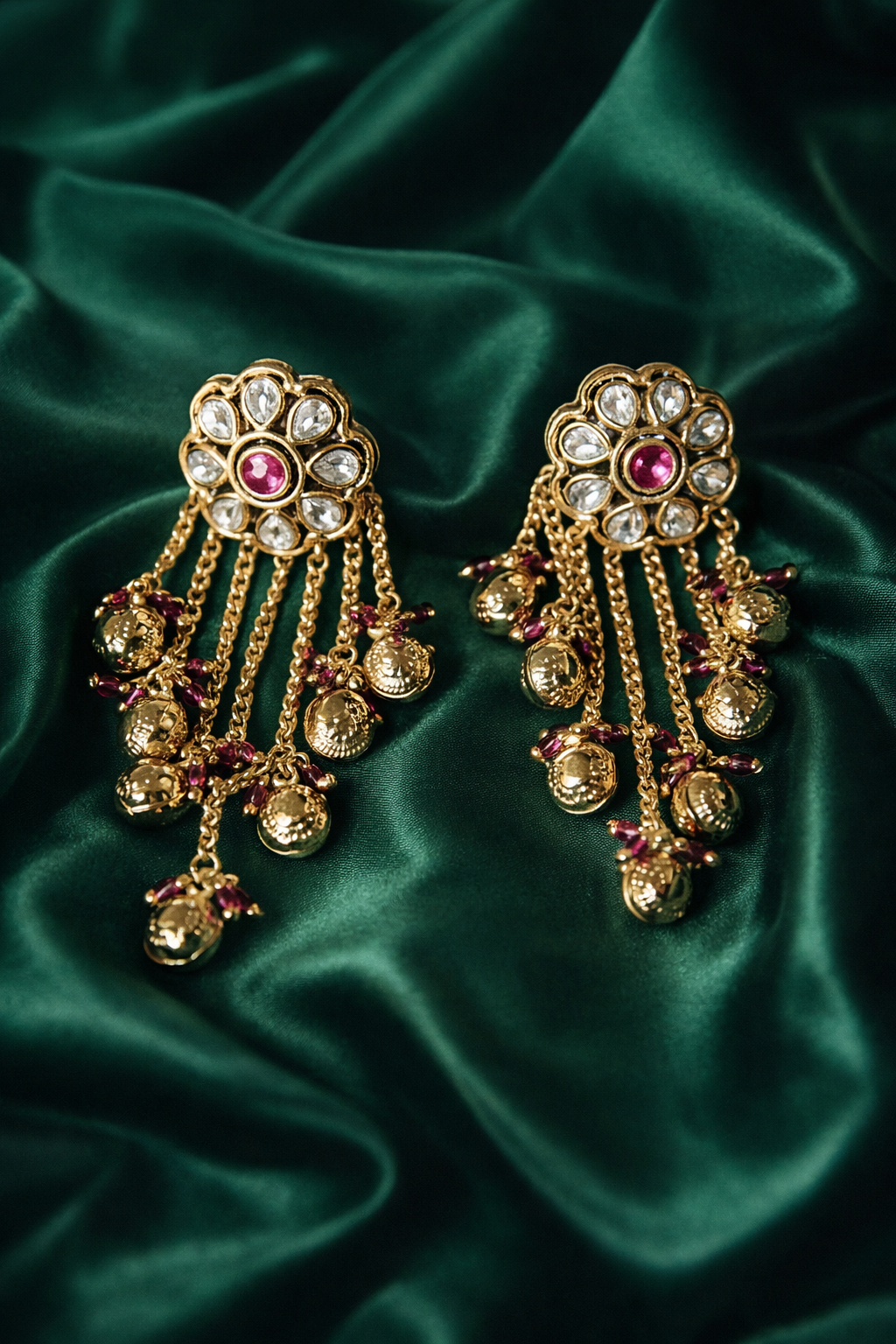 Zevar Club Ruby Red Gold Plated Ethnic Statement Drop Ghunghroo Earrings