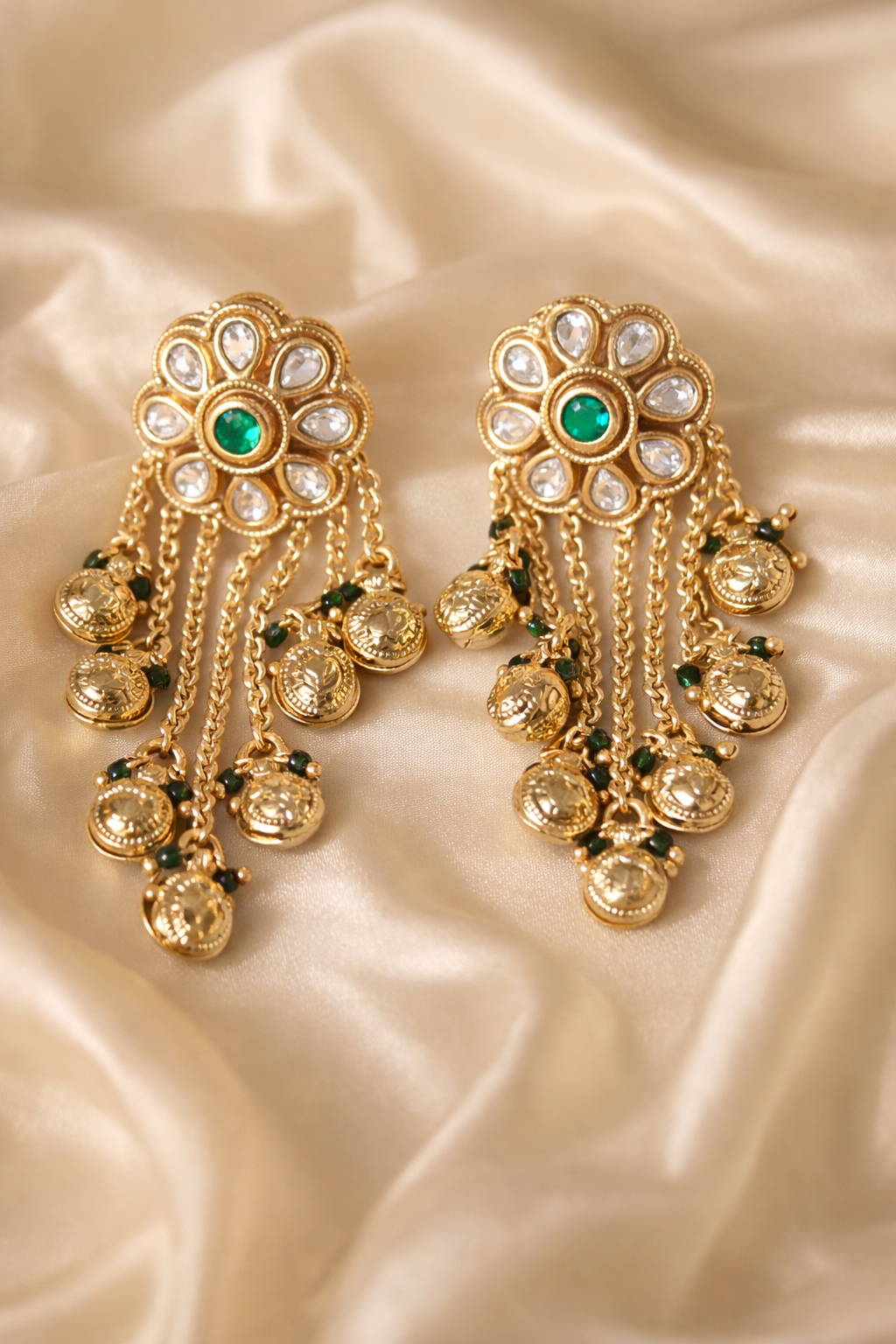 Zevar Club Emerald Green Gold Plated Ethnic Statement Drop Ghunghroo Earrings