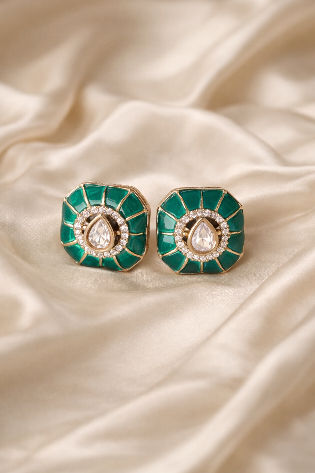 Zevar Club Emerald Green Gold Plated Statement Kundan Stud Earrings