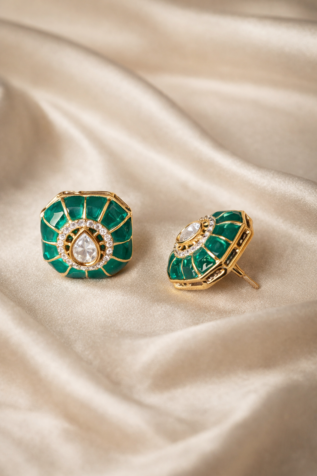 Zevar Club Emerald Green Gold Plated Statement Kundan Stud Earrings