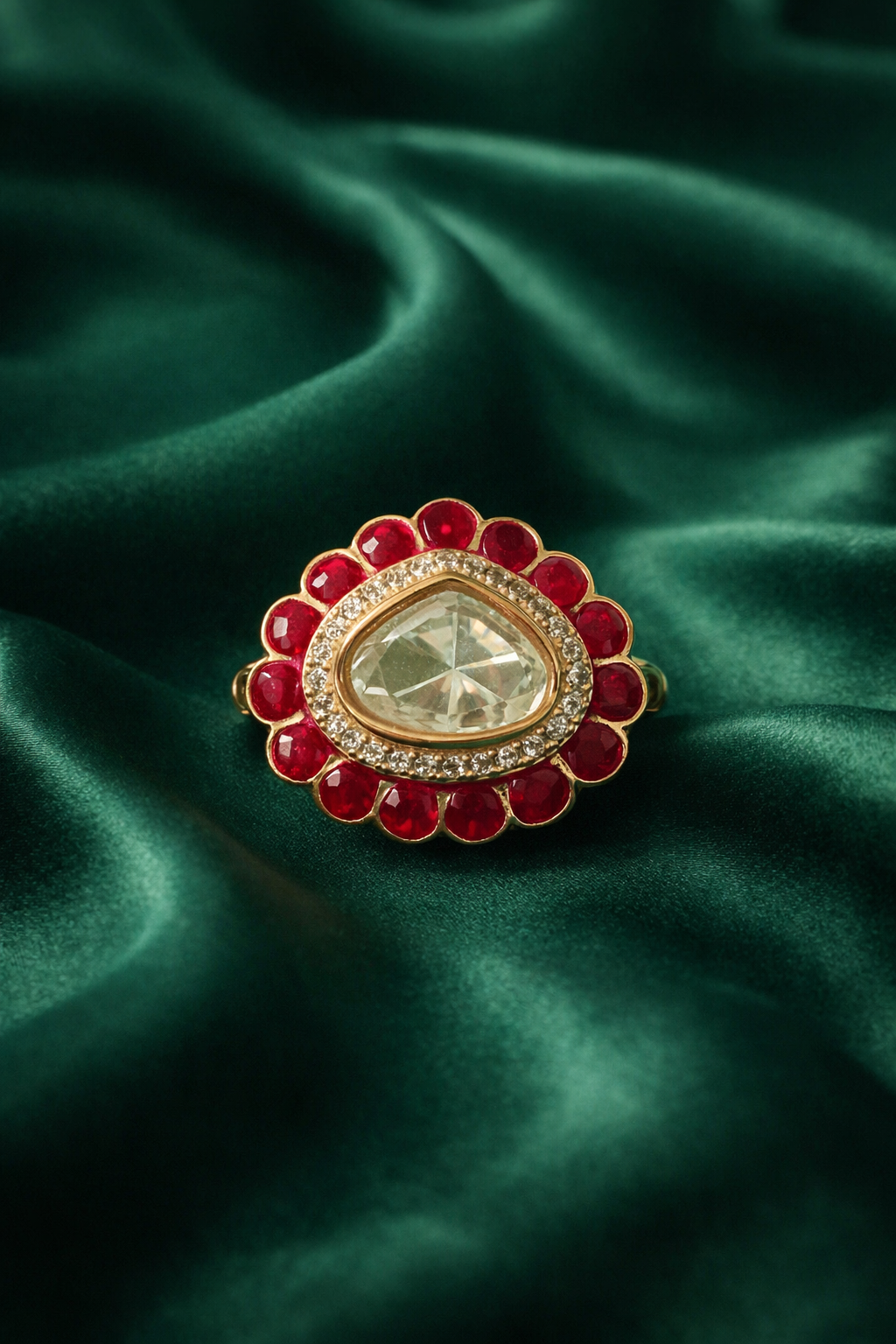 Zevar Club Ruby Red Gold Plated Assymentric Heritage Statement Ring