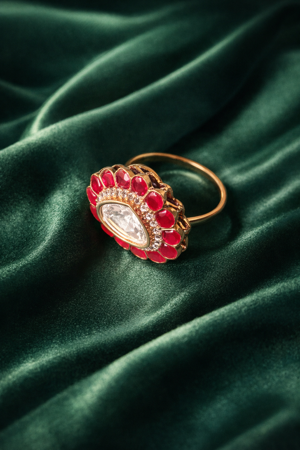 Zevar Club Ruby Red Gold Plated Assymentric Heritage Statement Ring