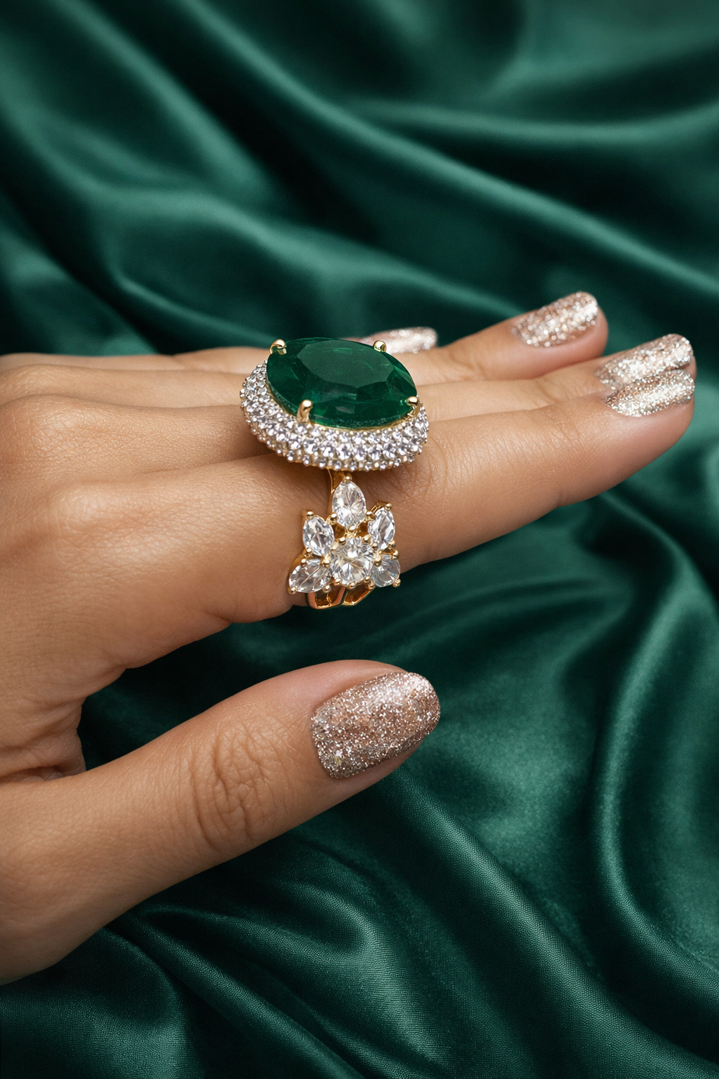 Zevar Club Emerald Green Gold & Silver Statement Cocktail Ring for Women