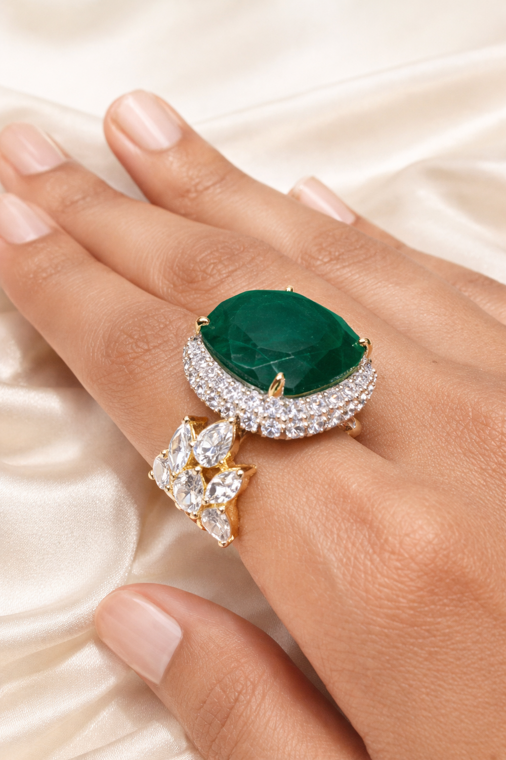 Zevar Club Emerald Green Gold & Silver Statement Cocktail Ring for Women