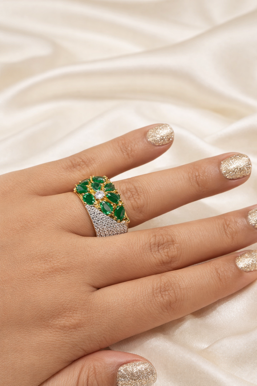 Zevar Club Emerald Green Gold Plated Statement Band Ring