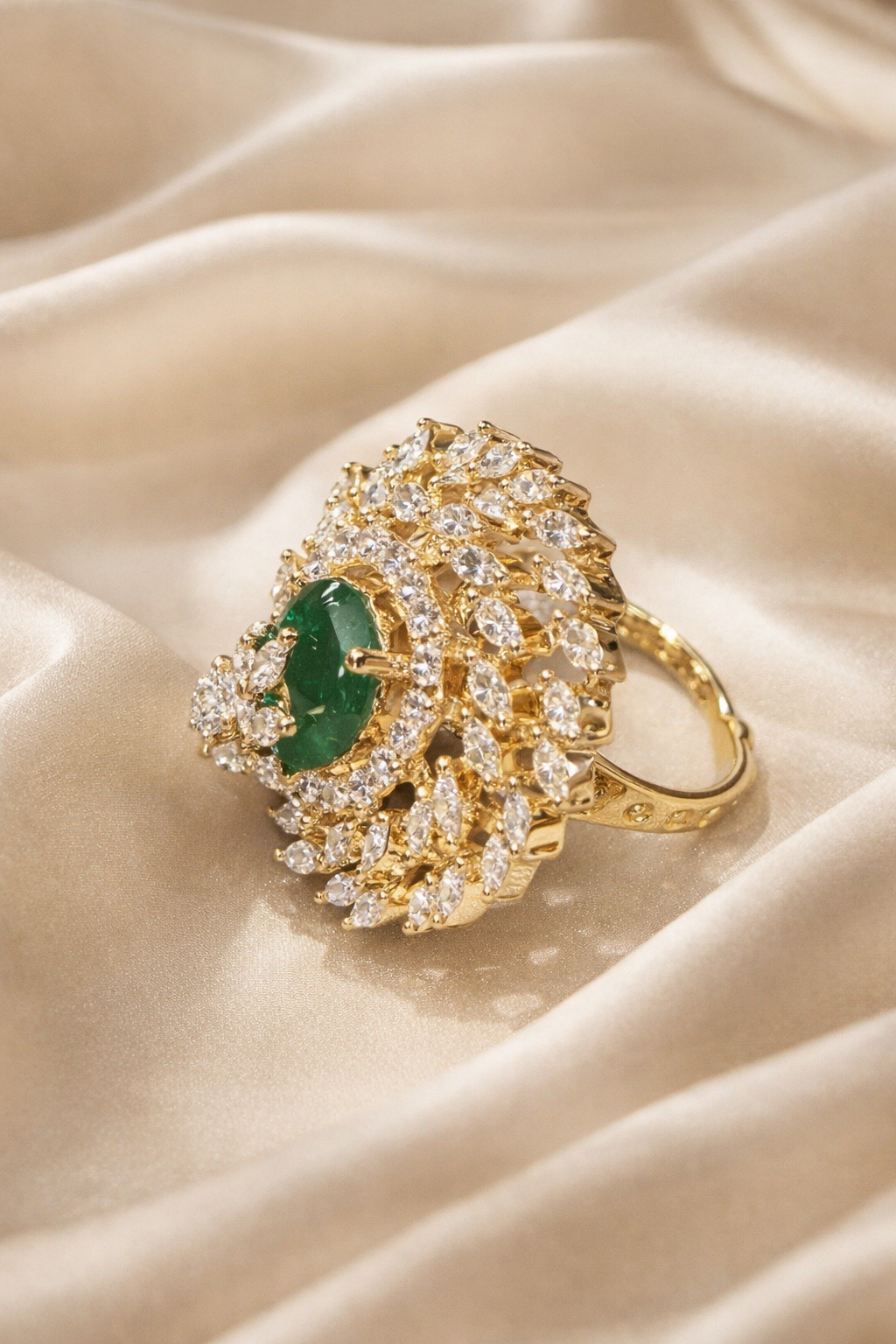 Zevar Club Glam Emerald Green Gold Plated Diamond Statement Cocktail Ring