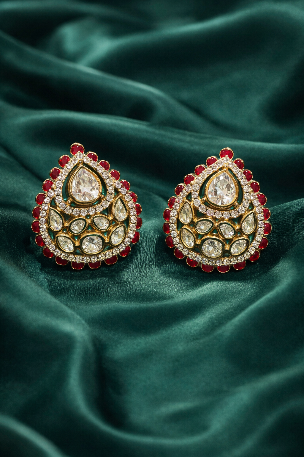 Zevar Club Festive Ruby Red Gold Plated Tear Drop Statement Stud Earrings