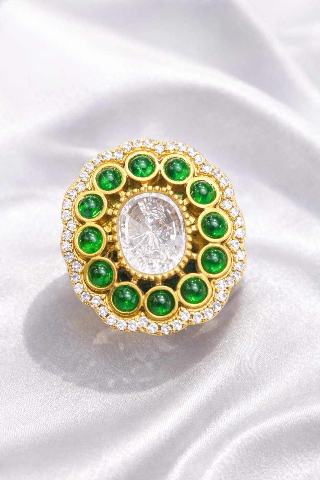 Zevar Club Adjustable Emerald Green Gold Plated Kundan Statement Ring