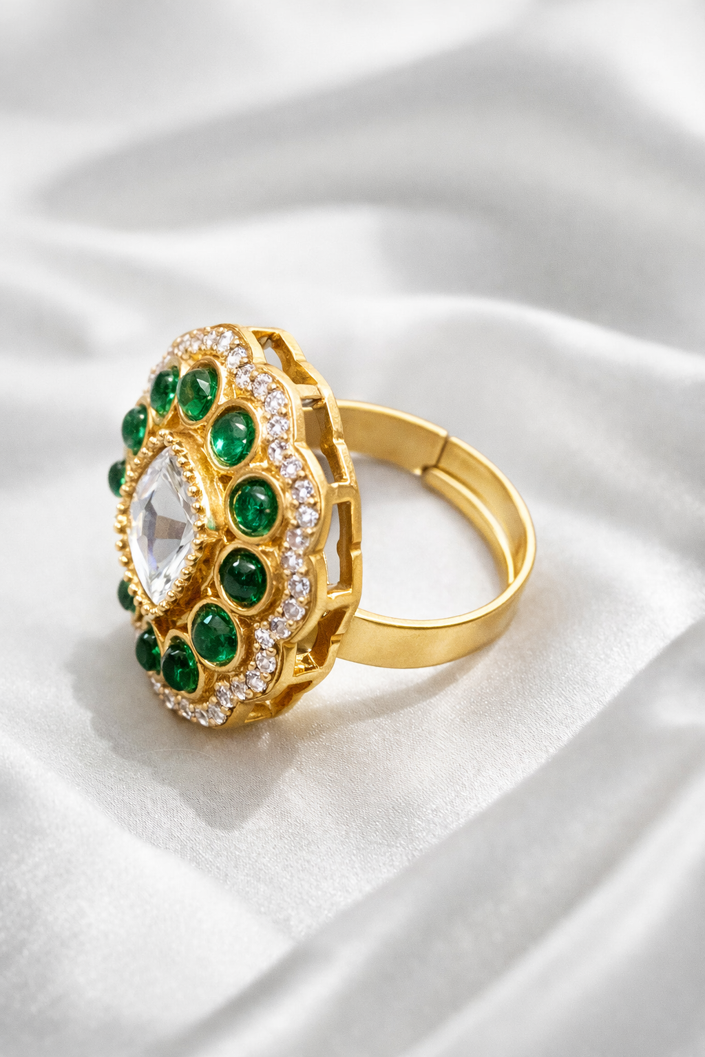 Zevar Club Adjustable Emerald Green Gold Plated Kundan Statement Ring