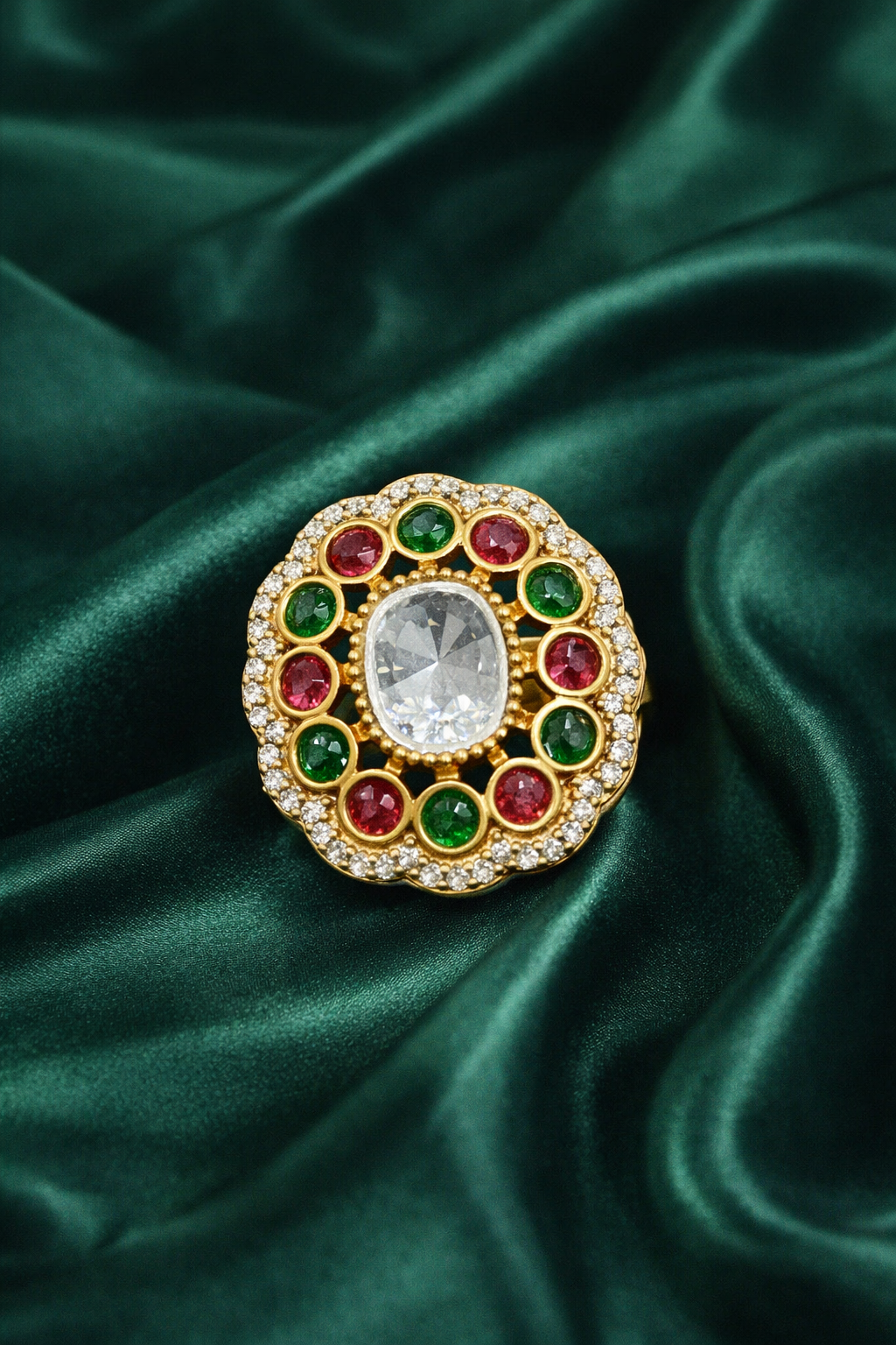 Zevar Club Adjustable Multicolour Gold Plated Kundan Statement Ring for Women