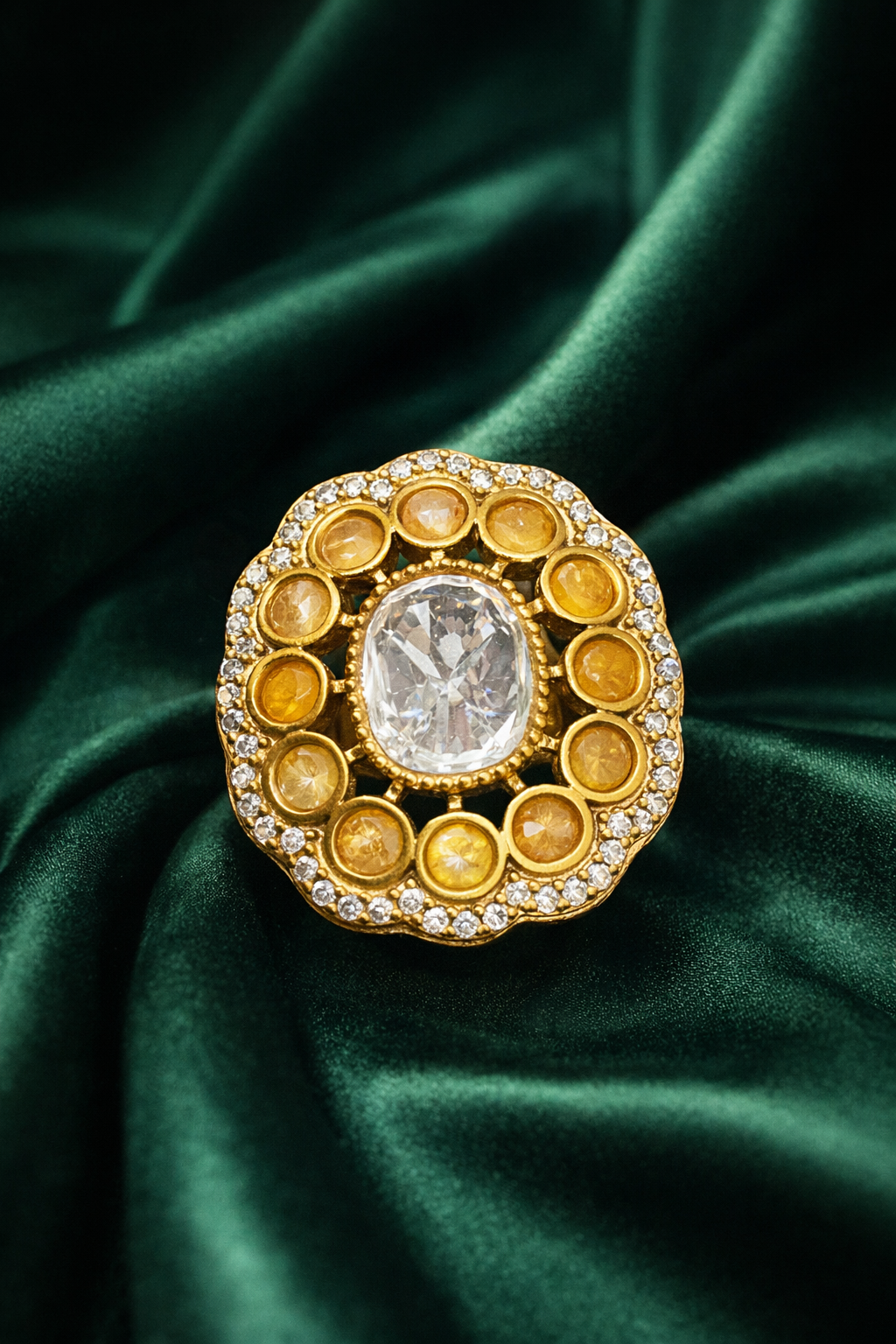 Zevar Club Adjustable Mustard Yellow Gold Plated Kundan Statement Ring