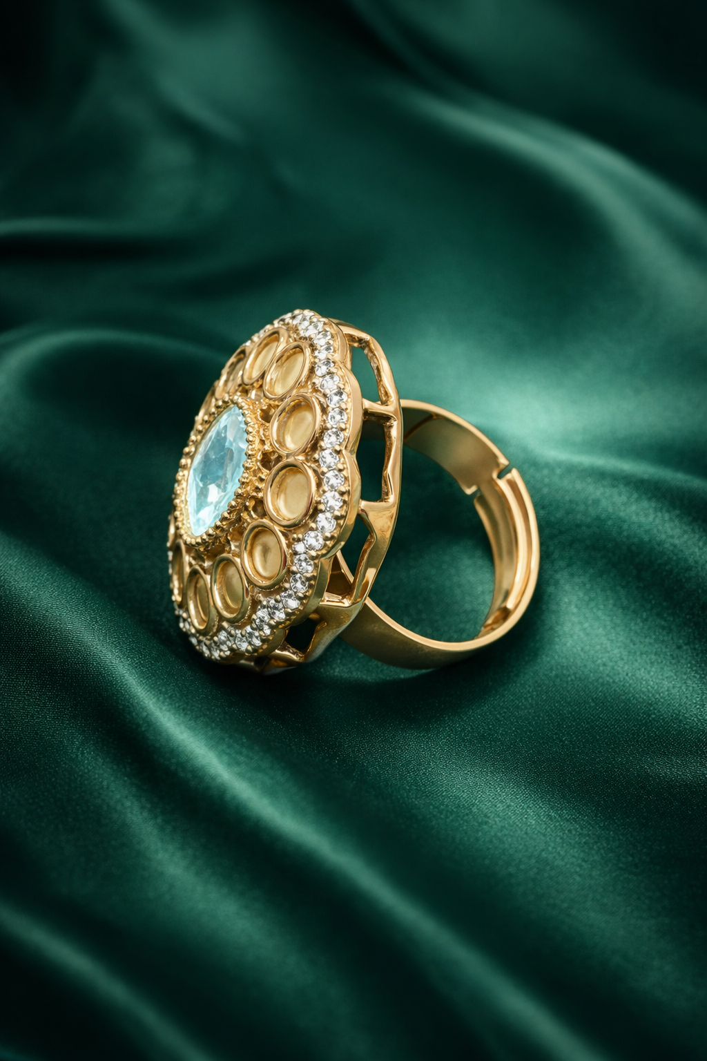 Zevar Club Adjustable Mustard Yellow Gold Plated Kundan Statement Ring