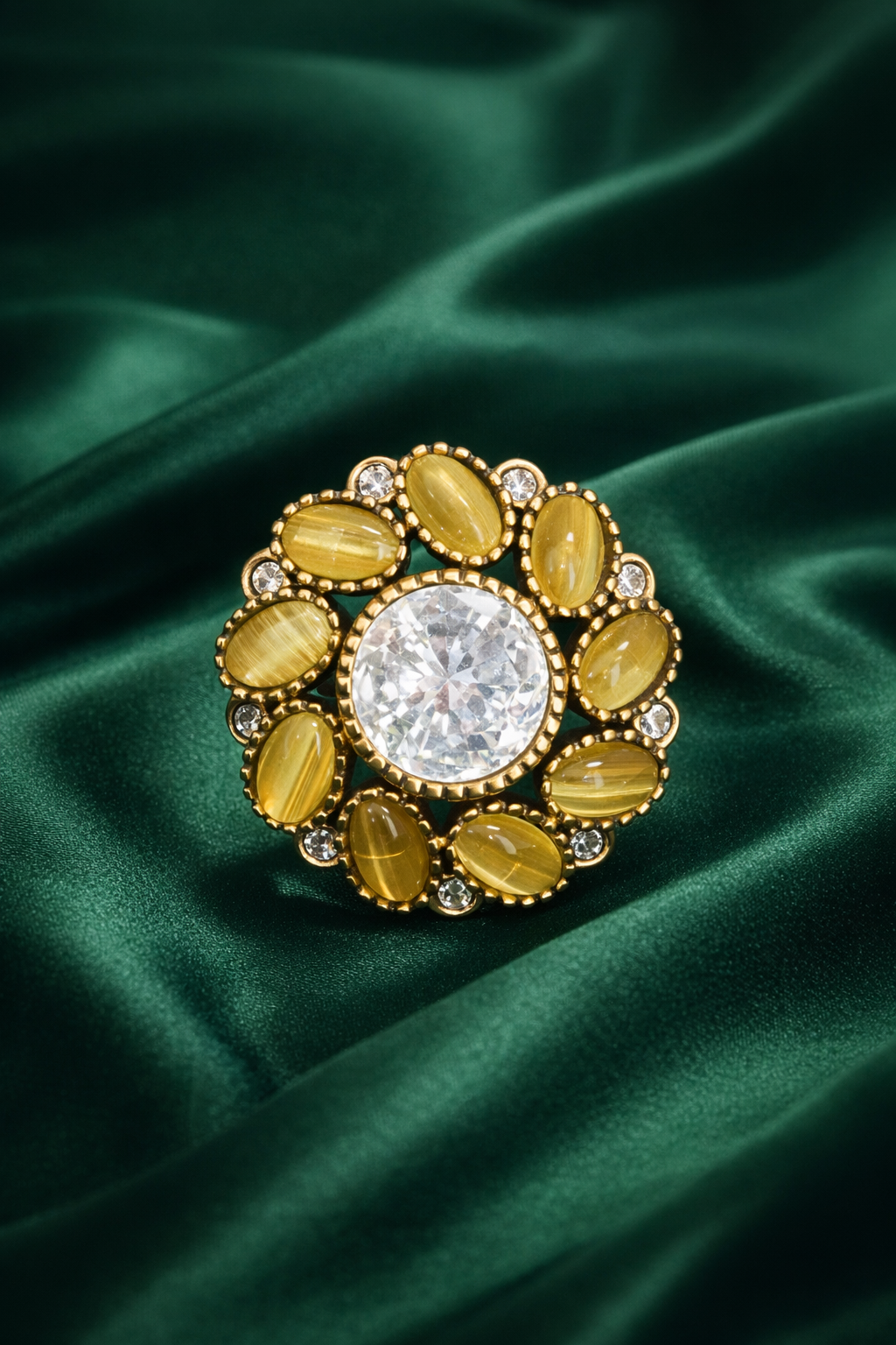 Zevar Club Adjustable Mustard Yellow Gold Plated Kundan Statement Ring