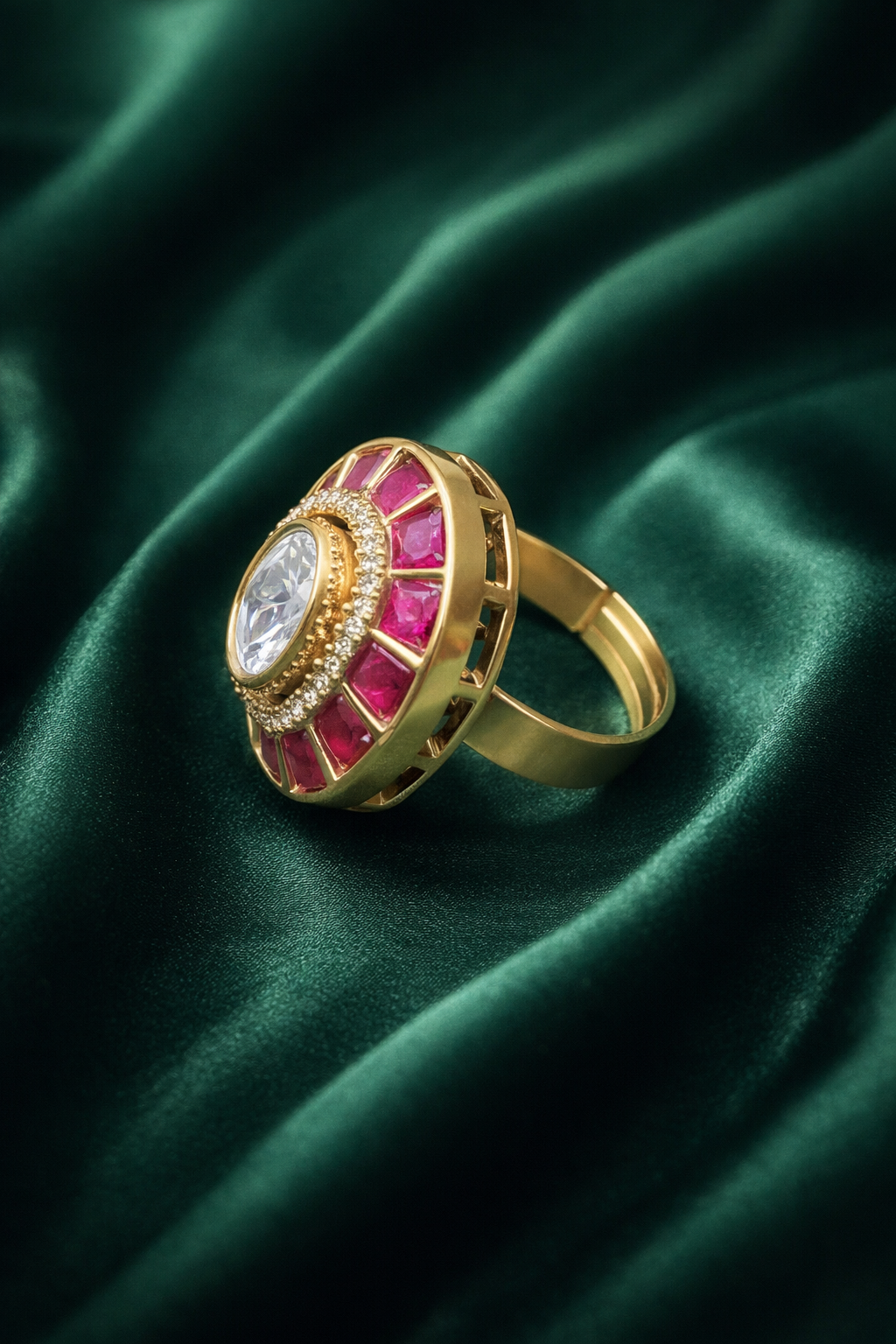 Zevar Club Adjustable Rose Pink Gold Plated Kundan Statement Ring