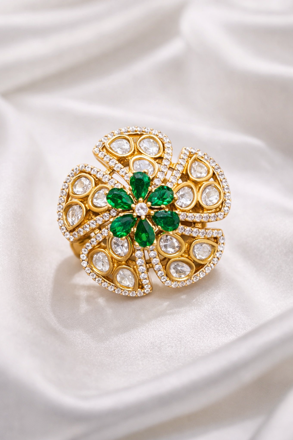 Zevar Club Emerald Green Gold Plated Kundan Statement Ring
