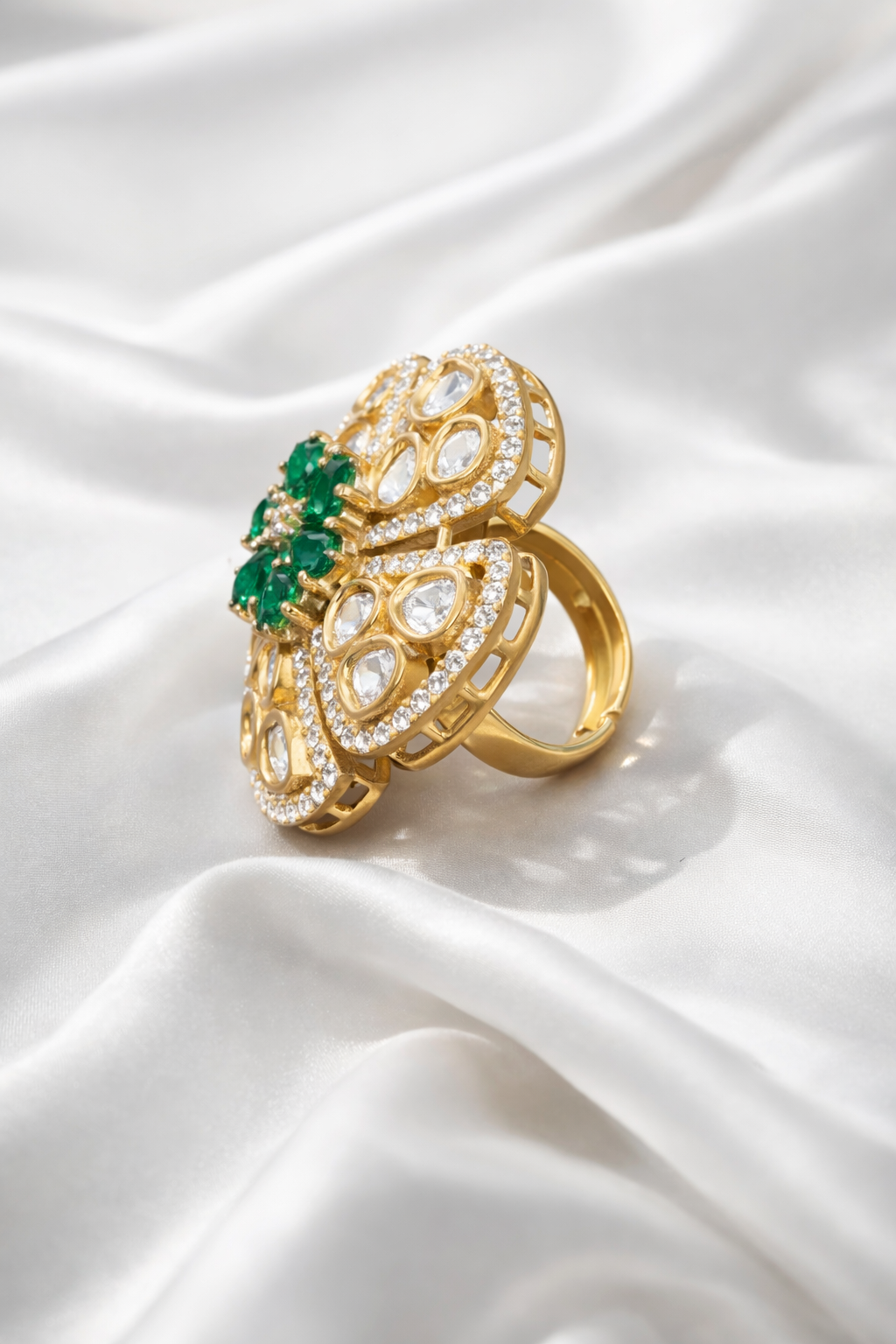 Zevar Club Emerald Green Gold Plated Kundan Statement Ring