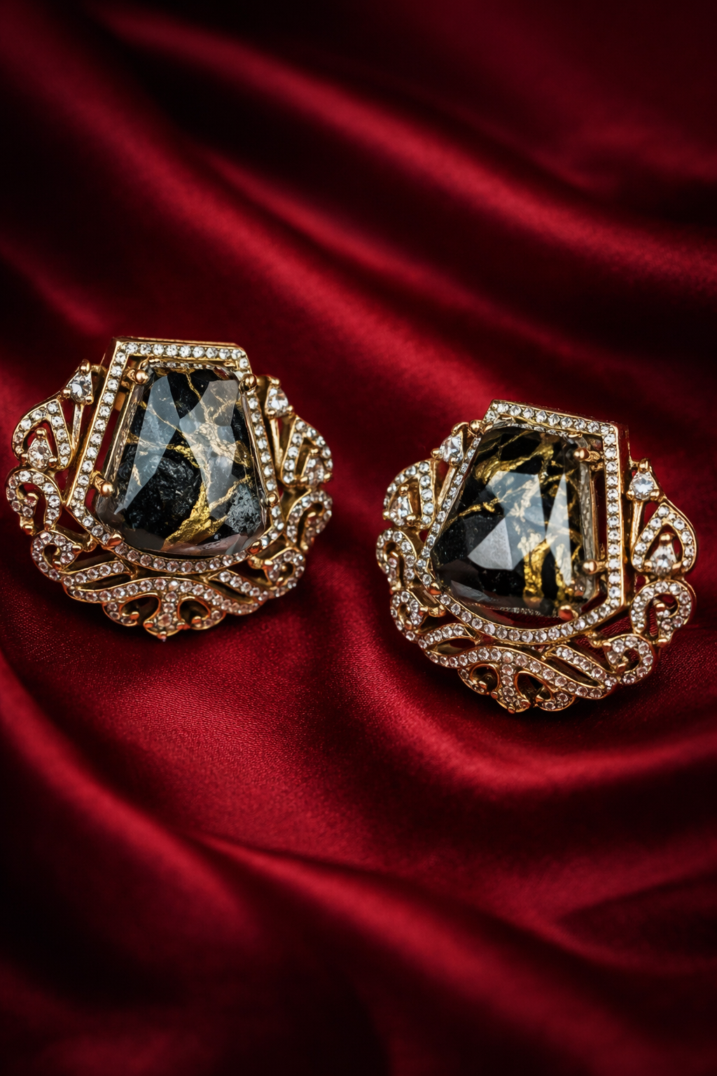 Zevar Club Gold-Tone Smoky Black Stone & AAA Cubic Zirconia Statement Stud Earrings