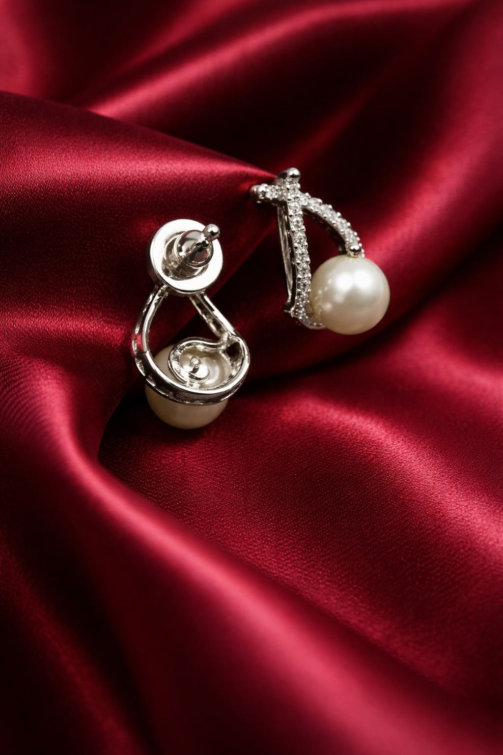 Zevar Club Rhodium-Plated Handcrafted Cubic Zirconia & White Pearl Loop Stud Earrings