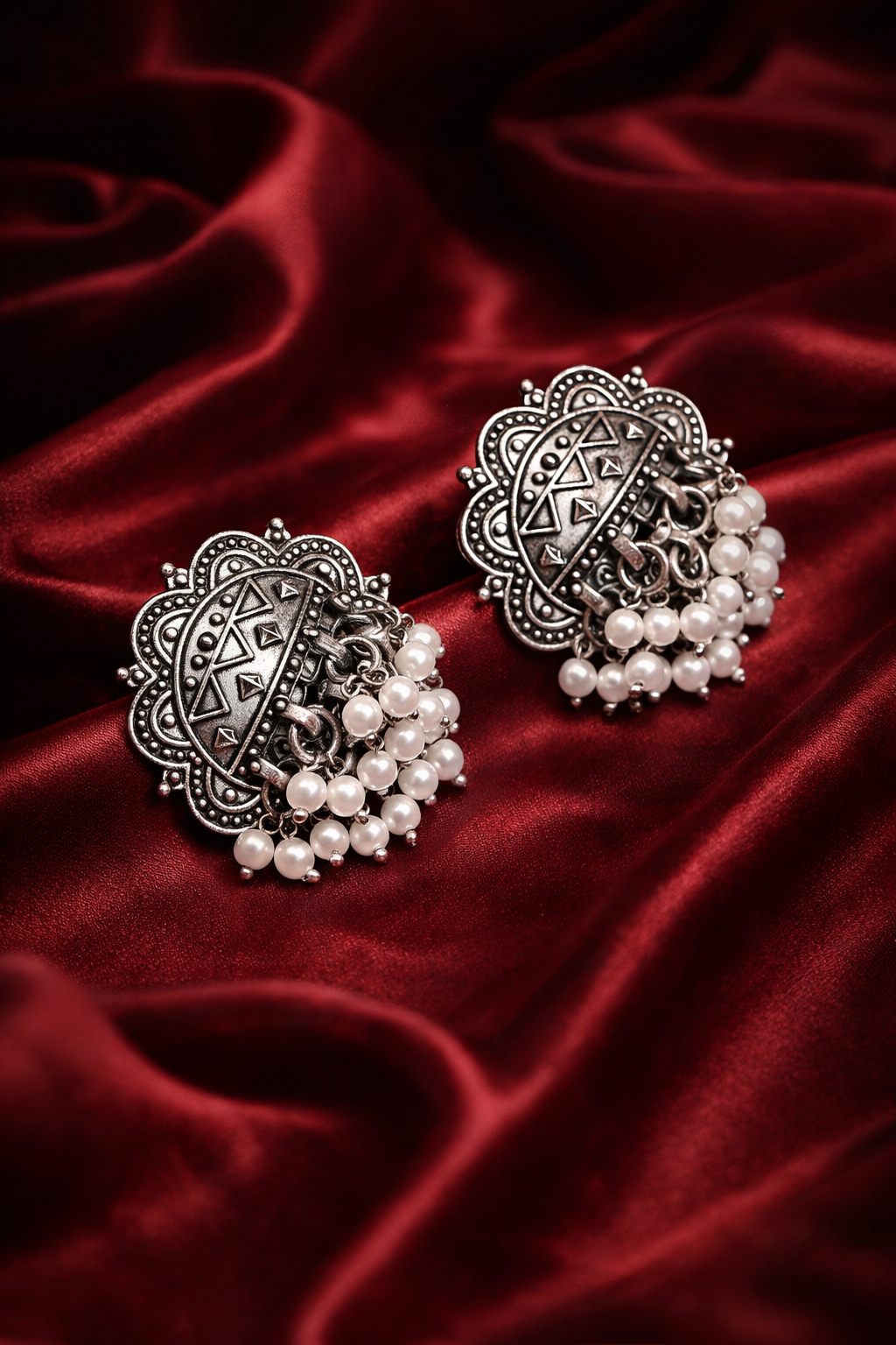 Zevar Club Antique Silver-Toned Statement Stud Earrings with Pearl Cluster Drops & Carved Motif